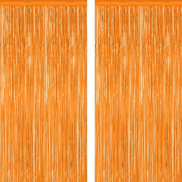 2 Pack Backdrop Curtains, 3.28 FT x 7.05 FT Orange Color Tinsel Backdrop, Metallic Party Streamer Fringe Curtains, Foil Curtains Halloween Decor Birthday Party Supplies