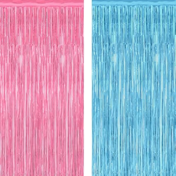 2 Pack Gender Reveal Decorations, 3.28 FT x 7.05 FT Pink and Blue Fringe Backdrop, Metallic Boy or Girl Foil Fringe Curtains Tinsel Backdrop Party Streamers, Birthday Party Decor Photo Booth Props