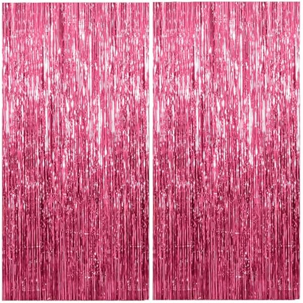 2 Pack Foil Curtain Backdrop Pink Metallic Tinsel Foil Fringe Curtains Photo Booth Props for Birthday Wedding Engagement Baby Shower Bachelorette Christmas Holiday Celebration Party Decorations