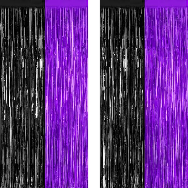 2 Pack Halloween Decor, 3.28 FT x 7.05 FT Purple and Black Foil Streamer, Metallic Fringe Curtains Tinsel Backdrop Party Streamer, Indoor Halloween Decorations Party Supplies Photo Booth Props