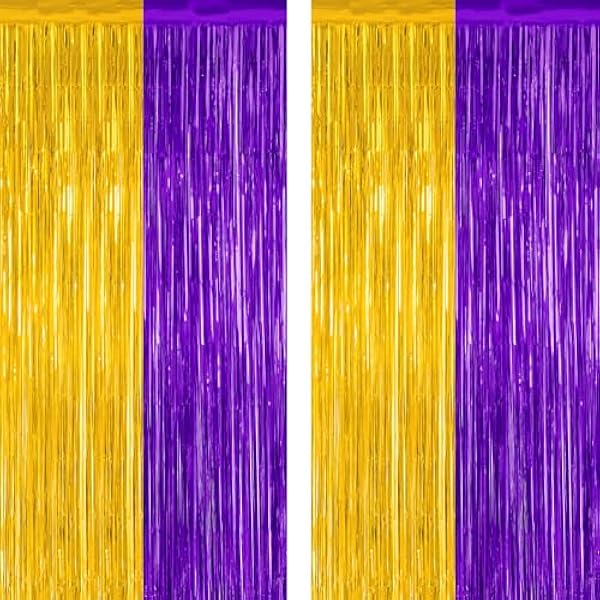 2 Pack Graduation Backdrop, 3.28 FT x 7.05 FT Grad Party Decorations 2025, Purple Gold Backdrop Foil Fringe Curtains, Metallic Purple and Gold Graduation Decorations Class of 2025 Decor