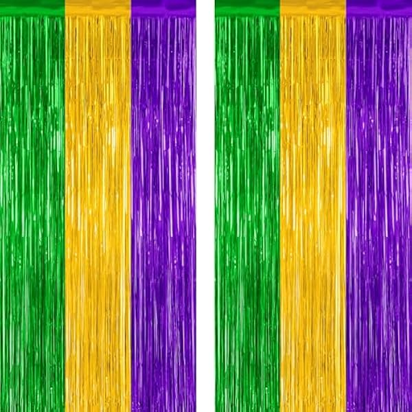 2 Pack Mardi Gras Tinsel Backdrop, 3.28 FT x 7.05 FT Metallic Fringe Curtain, Purple Gold Green Color Foil Backdrop Party Streamer, Mardi Gras Photo Booth Props Lobster Party Decorations