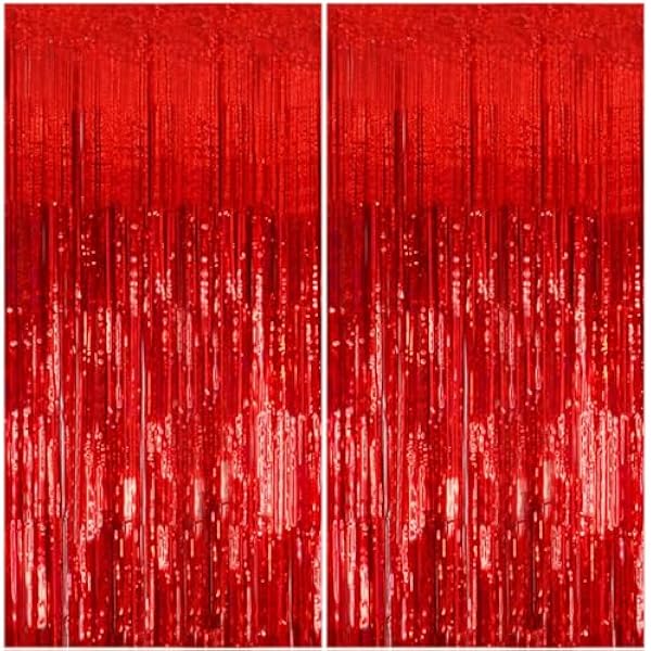 2 Pack Foil Curtain Backdrop Red Metallic Tinsel Foil Fringe Curtains Photo Booth Props for Birthday Wedding Engagement Baby Shower Bachelorette Christmas Holiday Celebration Party Decorations