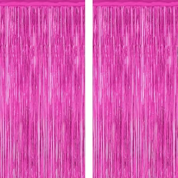 2 Pack Hot Pink Party Decorations, 3.28 FT x 7.05 FT Hot Pink Backdrop, Metallic Rose Red Photo Backdrop Foil Curtains Tinsel Backdrop, Metallic Pink Party Decor Wedding Party Supplies