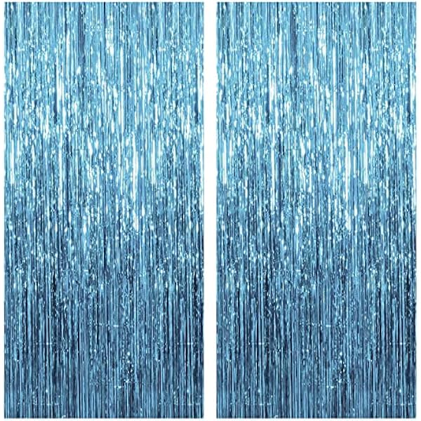 2 Pack Blue Streamers Party Decorations Fringe Backdrop Ocean Themed Decorations Foil Curtain Backdrop Blue Birthday Ocean Party Decor Supplies