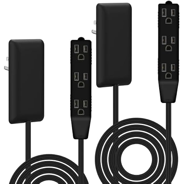 LIDER Flat-Face Outlet Extender with 3 Receptacles, Ultra-Thin Wall Plate Plug with Cord Extender and 3-Outlet Power Strip, 8ft Cord, LWE8-315-BK2P, ETL-Listed, Black, 2 Pack