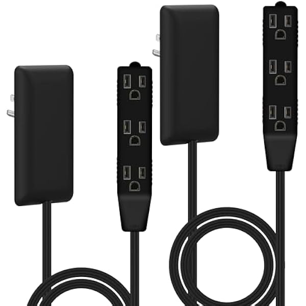 LIDER Flat-Face Outlet Extender with 3 Receptacles, Ultra-Thin Wall Plate Plug with Cord Extender and 3-Outlet Power Strip, 3ft Cord, LWE3-315-BK2P, ETL-Listed, Black, 2 Pack