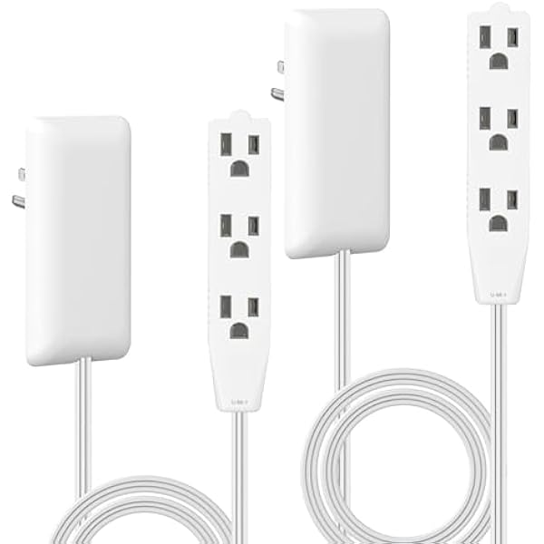 LIDER Flat-Face Outlet Extender with 3 Receptacles, Ultra-Thin Wall Plate Plug with Cord Extender and 3-Outlet Power Strip, 3ft Cord, LWE3-315-W2P, ETL-Listed, White, 2 Pack