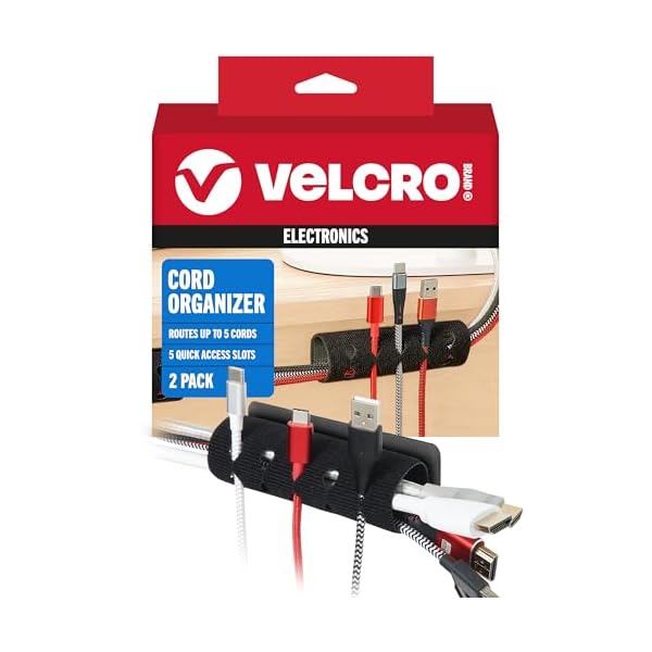 VELCRO Brand Cord Organizer for Desk & Nightstand, Stocking Stuffers for Adults, 5 Cable Slots with Sleeve Routing, Adhesive Wire Holder for Cord Management, Home, Office & Gaming, Black 2 Pack