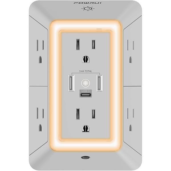 POWRUI Power Strip Surge Protector - 6 AC Outlets With 3 USB Ports (1 USB C), Night Light, 3-Sided Multi Plug Wall Extender With Spaced Outlets - Grey, ETL Listed