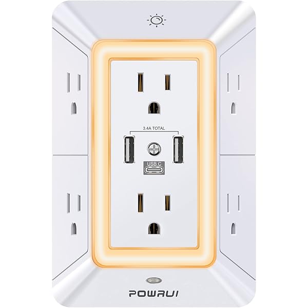 POWRUI Multi Plug 6 Outlet Surge Protector Extender with 3 USB Ports (1 USB C) and Night Light, 3-Sided Power Strip with Adapter Spaced Outlets, ETL Listed, White