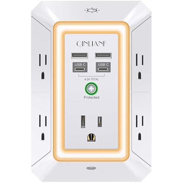 3-Sided Outlet Extender with Night Light - QINLIANF Multi Plug Outlet with 5 Outlets and 4 USB Ports(2 USB-C), USB Wall Charger for Home, Office, Travel, ETL Listed, White
