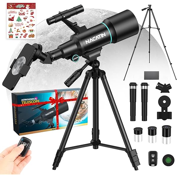NACATIN Telescope for Kids & Adults, 70mm Aperture 300mm Portable Refractor Telescope with 3 Eyepieces & Christmas Stickers - Complete Kit with Phone Adapter, Wireless Remote & Moon Filter, Black