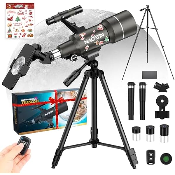 NACATIN Telescope for Kids & Adults, 70mm Aperture 300mm Portable Refractor Telescope with 3 Eyepieces & Christmas Stickers - Complete Kit with Phone Adapter, Wireless Remote & Moon Filter, Grey