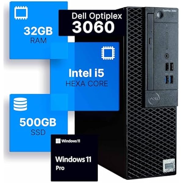Dell Optiplex 3060 Desktop Computer | Intel i5-8500 (3.2) | 32GB DDR4 RAM | 500GB SSD Solid State | Windows 11 Professional | Home or Office PC (Renewed) (i5 | 500GB SSD, 32GB RAM | Content Creation)