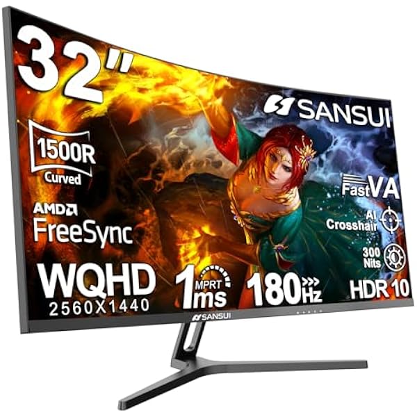 SANSUI 32-Inch Curved Gaming Monitor WQHD 2560 x 1440 180Hz Curved 1500R -Fast VA,1ms(OD), HDR, 300nits, sRGB 125%, DCI-P3 95%, FreeSync, HDMI x2, DP1.4x2(DP Cable Included)