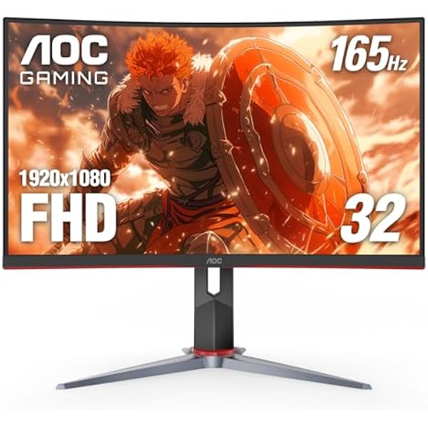 AOC C32G2 32" Curved Frameless Gaming Monitor FHD, 1500R Curved VA, 1ms, 165Hz, FreeSync, Height adjustable, 3-Year Zero Dead Pixel Policy, Black