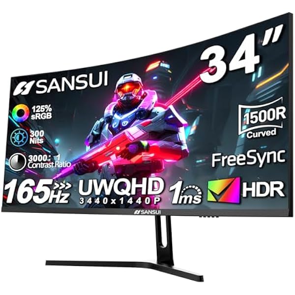 SANSUI 34-Inch Curved Gaming Monitor UWQHD 3440 x 1440 Up to 165Hz Curved 1500R - PIP/PBP, 1ms(MPRT), HDR, 300nits, sRGB 125%, DCI-P3 95%,FreeSync,HDMIx2,DP1.4 x2 (DP Cable Included)