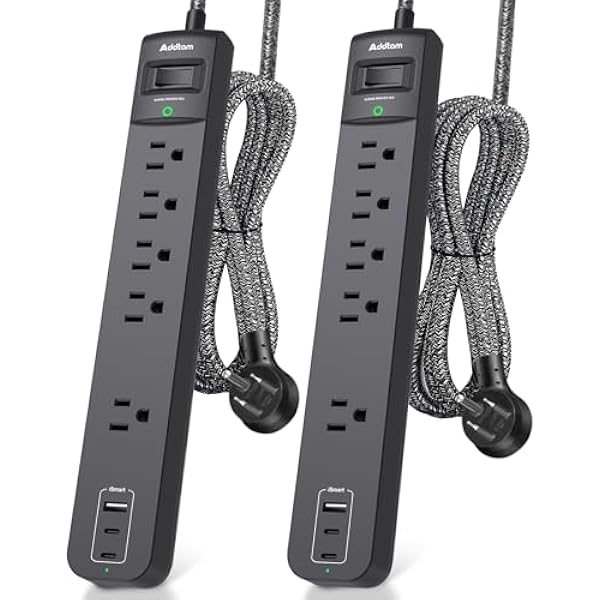 2 Pack Short Power Strip Surge Protector- Addtam USB C Power Strip,3ft Flat Extension Cord with 5 Widely 3 USB (2 USB-C) Ports, Desktop Charging Station for Home Office College Dorm Room Essentials