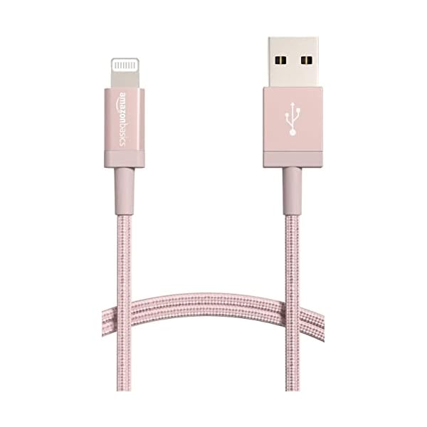 Amazon Basics USB-A to Lightning Charger Cable, Nylon Braided Cord, MFi Certified Charger for Apple iPhone 14 13 12 11 X Xs Pro, Pro Max, Plus, iPad, 3 Foot, Rose Gold