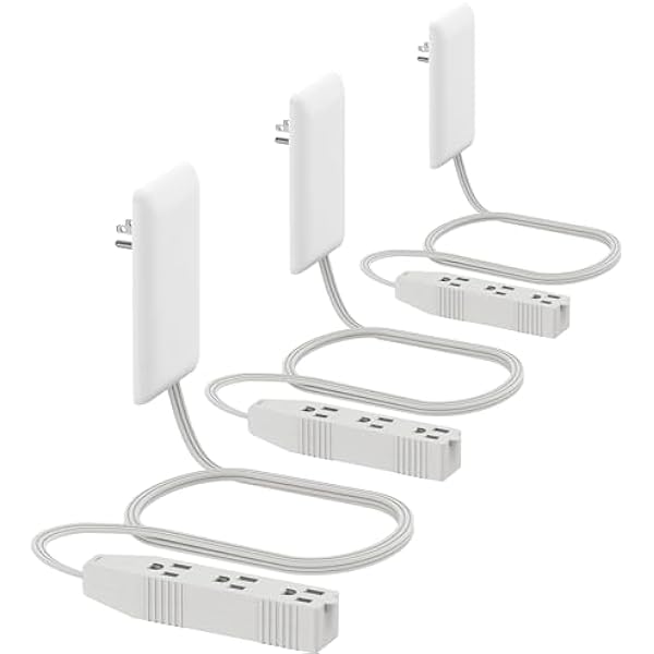 LIDER Flat-Face Outlet Extender with 3 Receptacles, Ultra-Thin Wall Plate Plug with Cord Extender and 3-Outlet Power Strip, 3ft Cord, LWE3-315-W3P, ETL-Listed, White, 3 Pack
