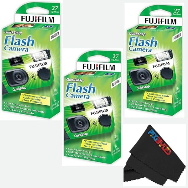 Fujifilm QuickSnap Flash 400 Disposable 35mm Camera with PixiBytes Microfiber Cleaning Cloth... (3 Packs (1 Twin /1 Single Pack))