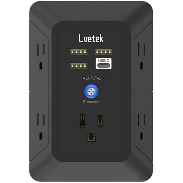 Surge Protector Outlet with 5-Multi Plug Outlet and 4 USB Ports (1 USB C), 3-Sided 1680J Power Strip Wall Charger for Home, Travel, Office - ETL Listed, Black