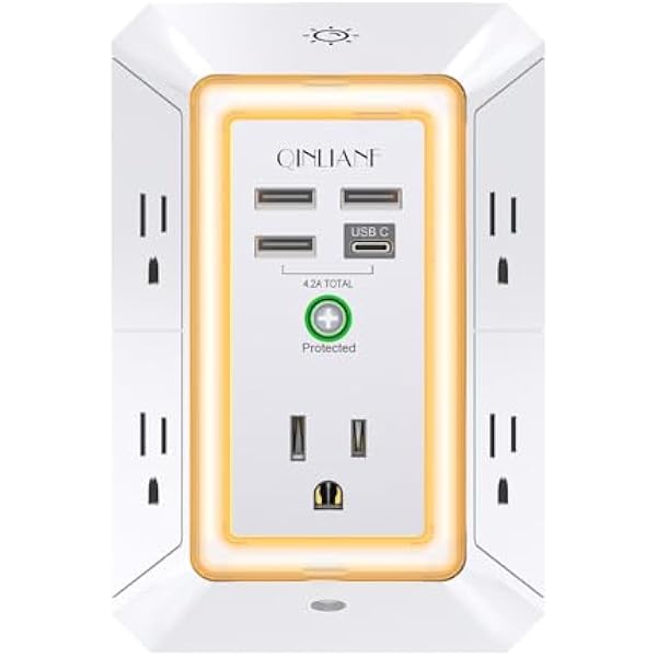 3-Sided Outlet Extender with Night Light - QINLIANF Multi Plug Outlet with 5 Outlets and 4 USB Ports(1 USB-C), USB Wall Charger for Home, Office, Travel, ETL Listed, White