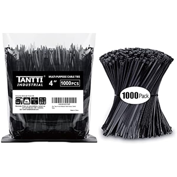 Zip Ties 4 inch, Small Zip Ties with 18 lb Tensile Strength, Black, 1000 Pack, by Tantti Supply