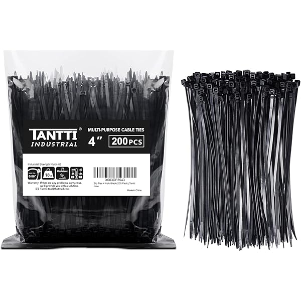Zip Ties 4 inch (200 Pack), Small Zip Ties with 18 lb Tensile Strength, Black, by Tantti Supply
