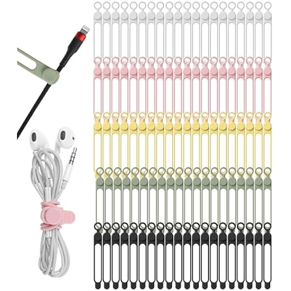 Nearockle 100Pcs Silicone Cable Ties Cord Organizer for Bundling Earphone, Phone Charger, Computer Cords, Reusable Cable Ties Wire Organizer in Home,Office,Kitchen,School (5 Colors)