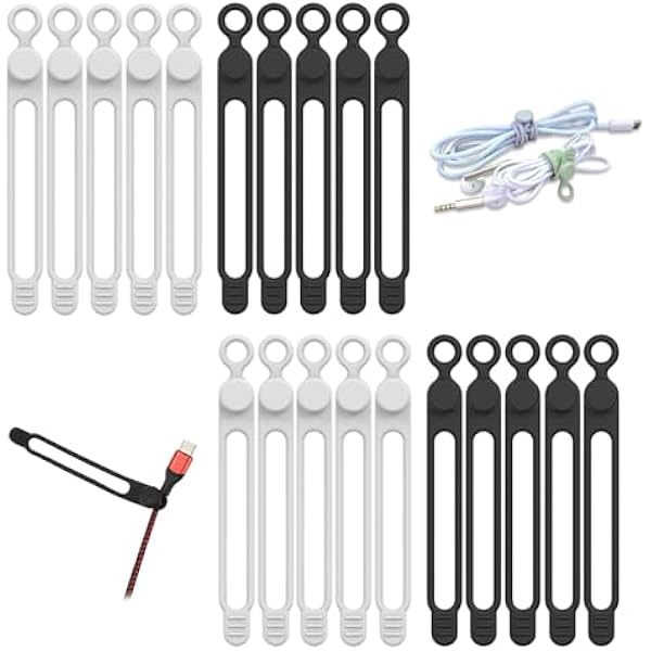 20pcs Silicone Cable Ties,Reusable Cable Management Organizer, Wire Ties，Travel Cord Ties，Cord Organizer for Bundling Cable Cords in Home,Office,Kitchen,School(White Black)