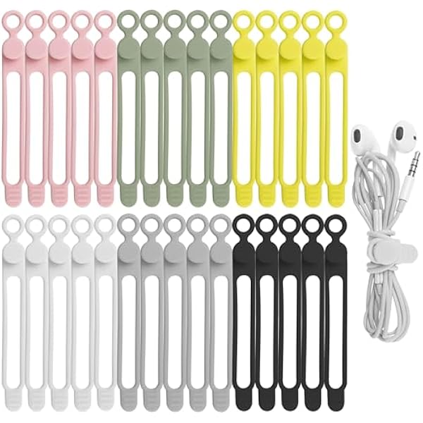 30Pcs Nearockle Silicone Cable Ties for Bundling Earphone, Phone Charger, Computer Cords, Reusable Cord Organizer Cable Management in Home,Office,Kitchen,School (6 Colors)