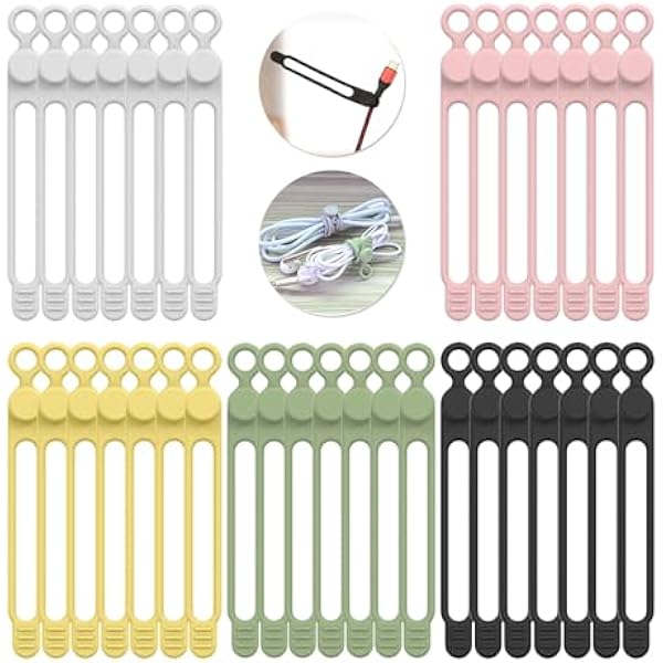 35pcs Silicone Cable Ties,Reusable Cable Management Organizer, Wire Ties，Travel Cord Ties，Cord Organizer for Bundling Cable Cords in Home,Office,Kitchen,School(5 Colors)