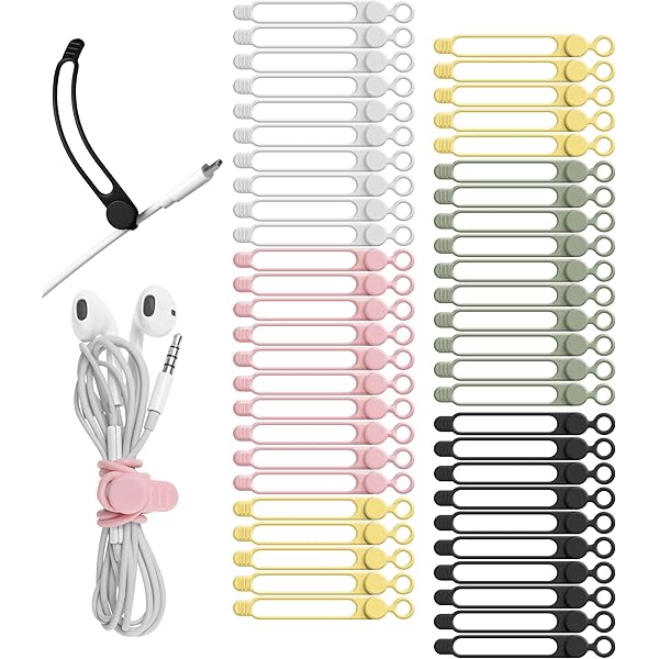 Nearockle 50Pcs Silicone Cable Ties Cord Organizer for Bundling Earphone, Phone Charger, Computer Cords, Reusable Cable Ties Wire Organizer in Home,Office,Kitchen,School (5 Colors)