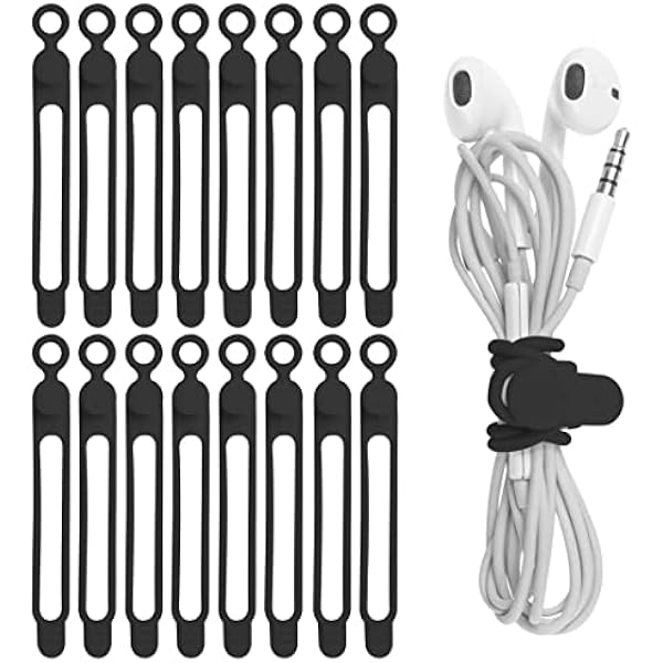 Nearockle 16Pcs Silicone Cable Straps Wire Organizer for Bundling Earphone, Phone Charger, Computer Cords, Reusable Cable Ties Cord Organizer in Home,Office,Kitchen,School(Black)