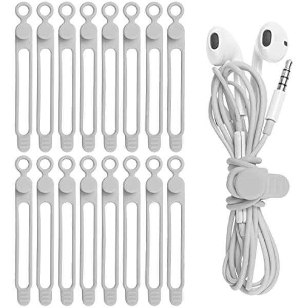 Nearockle 16Pcs Silicone Cable Straps Wire Organizer for Bundling Earphone, Phone Charger, Computer Cords, Reusable Cable Ties Cord Organizer in Home,Office,Kitchen,School(Grey)