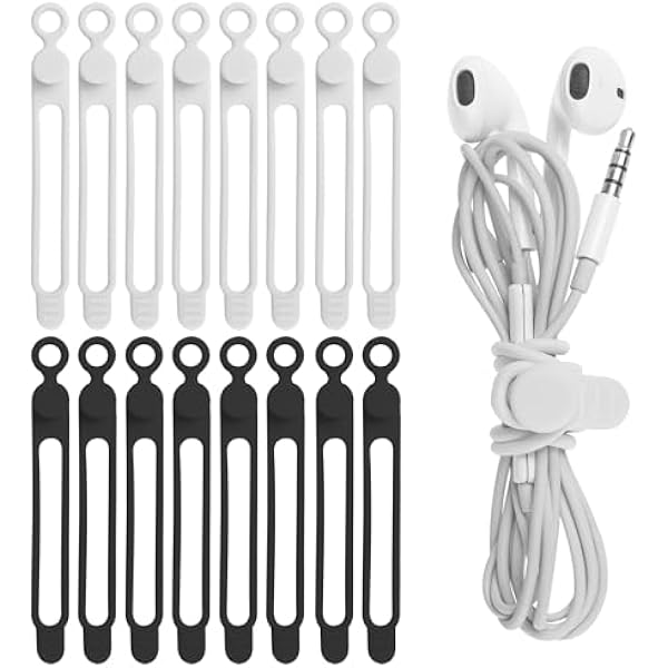 Nearockle 16Pcs 4.2" Silicone Cable Ties Cord Organizer for Cable Management, Reusable Cable Organizer Electronic Accessories in Home,Office,Kitchen,School,Travel(Black*8 & White*8)