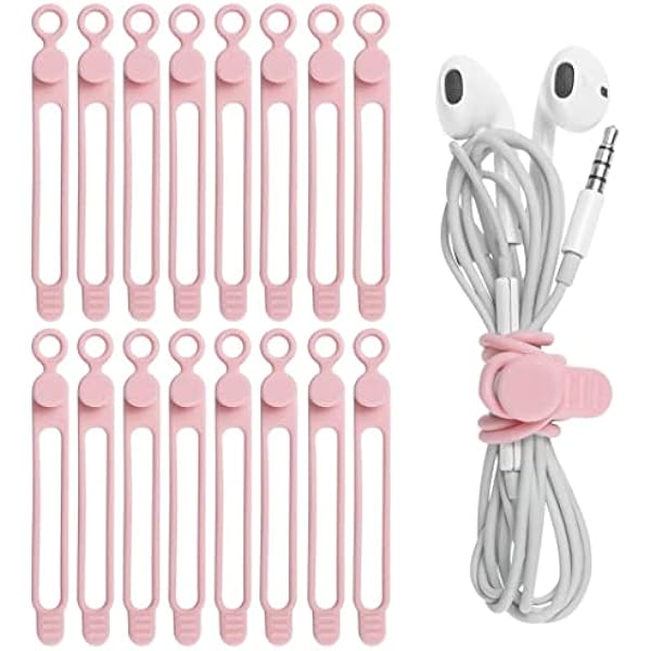Nearockle 16Pcs Silicone Cable Straps Wire Organizer for Bundling Earphone, Phone Charger, Computer Cords, Reusable Cable Ties Cord Organizer in Home,Office,Kitchen,School(Pink)