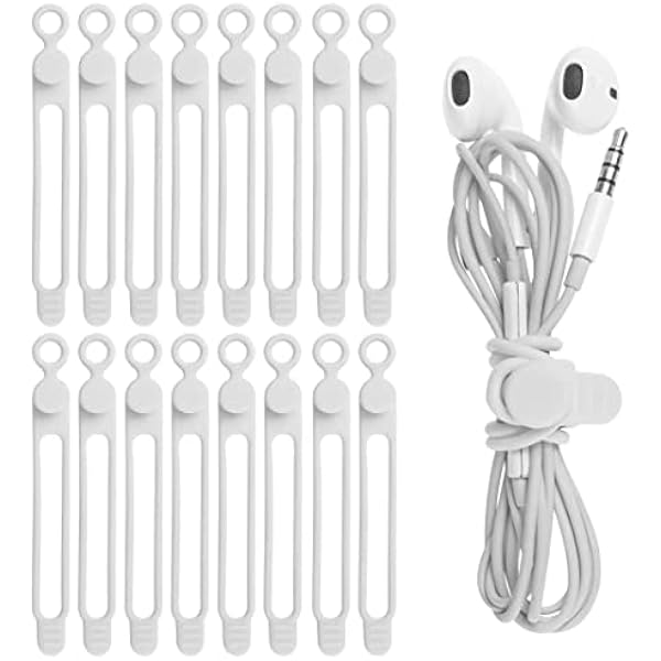 Nearockle 16Pcs Silicone Cable Straps Wire Organizer for Bundling Earphone, Phone Charger, Computer Cords, Reusable Cable Ties Cord Organizer in Home,Office,Kitchen,School(White)