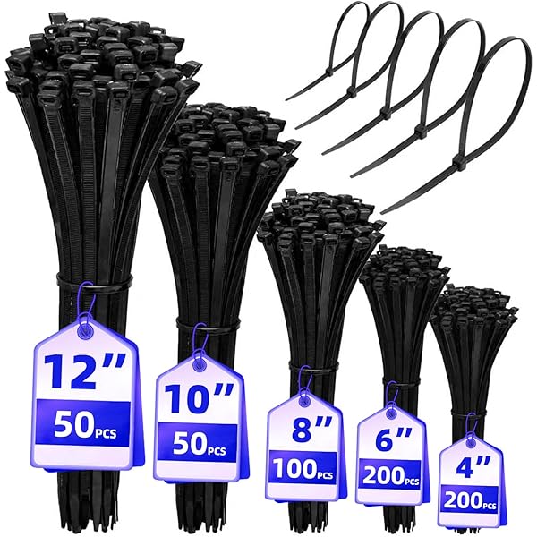 Black Zip Ties Assorted Sizes 4+6+8+10+12-Inch，600PCS Multi-Purpose Self-Locking Nylon Cable Tie,Wire Tie Perfect for Home,Garden Trellis,Office,Garage and Workshop.