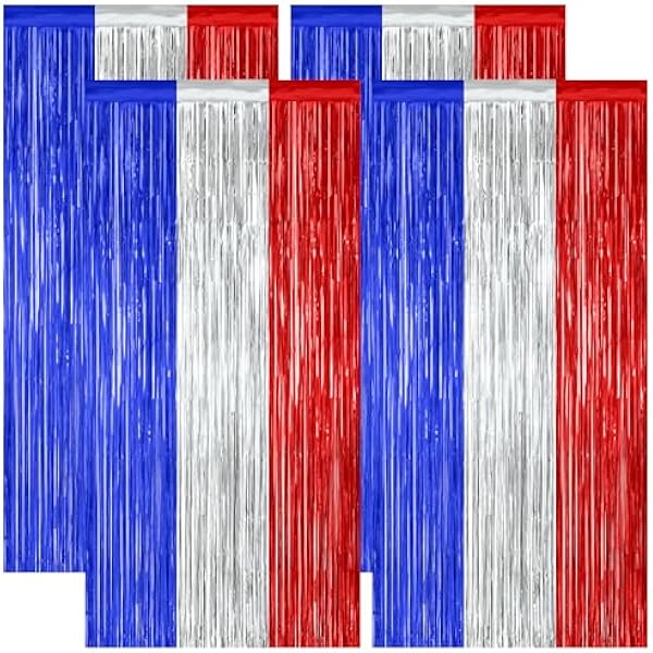 4 Pack 4th of July Decorations, 3.28 FT x 7.05 FT Independence Photo Backdrop, Metallic Blue Silver Red Backdrop Curtains Fringe Curtains Party Streamer, Patriotic Decor Fourth of July Party Supplies