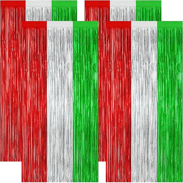 4 Pack Christmas Curtains, 3.28 FT x 7.05 FT Red Silver Green Foil Backdrop, Metallic Foil Fringe Curtains Party Streamer Picture Backdrop, Christmas Door Decorations Photo Props Party Supplies