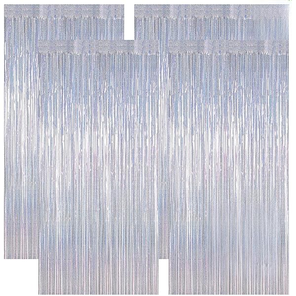 4 Pack Fringe Backdrop, 3.28 FT x 7.05 FT Glitter Silver Tinsel Curtains, Metallic Foil Streamer Disco Fringe Backdrop Party Curtains, Birthday Party Supplies Disco Decorations
