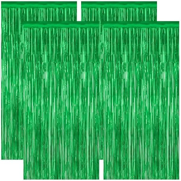 4 Pack Green Streamers, 3.28 FT x 7.05 FT Birthday Tinsel Backdrop, Metallic Foil Fringe Curtains Photo Booth Backdrop, Green Jungle Theme Decorations Birthday Decor
