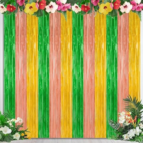 4 Pack Hawaiian Party Decorations, 3.28 FT x 7.05 FT Hawaii Tinsel Backdrop, Green Brown Yellow Foil Curtains Fringe Backdrop Party Streamer, Metallic Summer Decor Luau Party Decorations