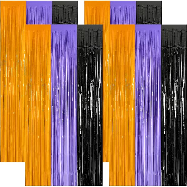 4 Pack Halloween Decorations, 3.28 FT x 7.05 FT Orange Purple Black Party Streamer, Funny Photo Backdrop Foil Curtains Fringe Tinsel, Halloween Door Decor Party Supplies Indoor