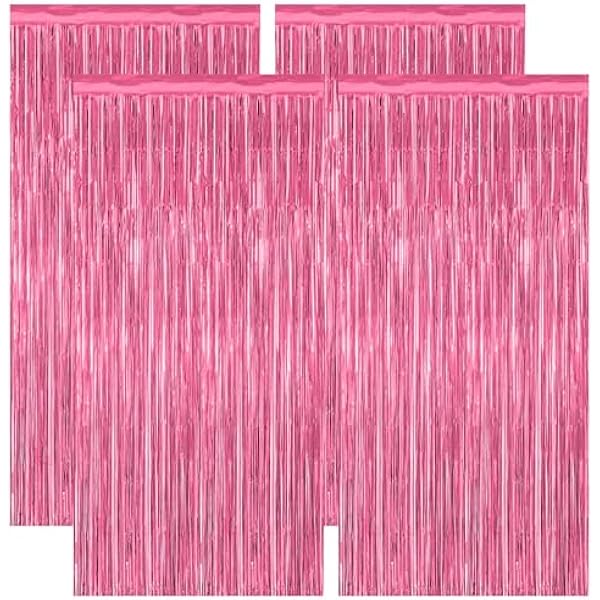 4 Pack Birthday Decorations, 3.28 FT x 7.05 FT Pink Backdrop, Metallic Happy Birthday Backdrop Fringe Curtains Party Streamer, Bachelorette Party Decorations Princes Birthday Party Decor