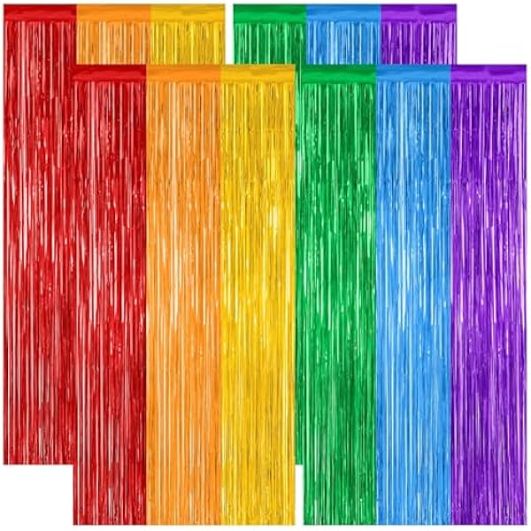 4 Pack Pride Decorations, 3.28 FT x 7.05 FT Rainbow Backdrop, Metallic LGBT Party Decor Foil Tinsel Party Streamer Backdrop Curtains, Rainbow Curtains Birthday Photo Booth Props