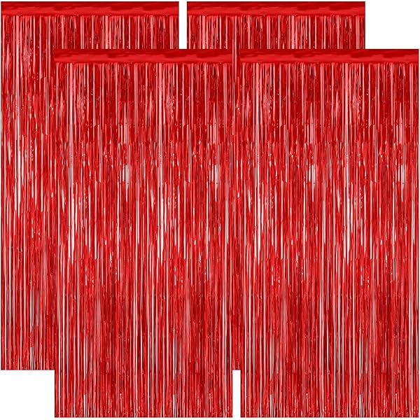 4 Pack Red Backdrop, 3.28 FT x 7.05 FT Party Streamer, Metallic Birthday Tinsel Backdrop Foil Fringe Curtains, Door Streamer for Red Party Decorations Casino Decor Photo Booth Props